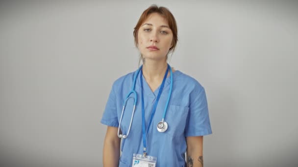 Jonge Blanke Vrouw Draagt Stethoscoop Staat Sceptisch Nerveus Afkeurende Uitdrukking — Stockvideo