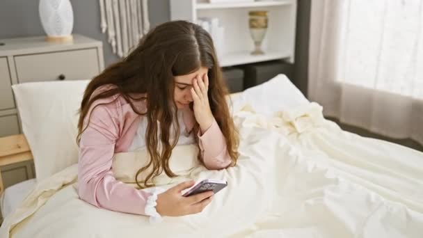 若いヒスパニック系の女性は 明るい寝室で白いベッドの上に座って懸念を持って彼女の携帯電話を見ます — ストック動画
