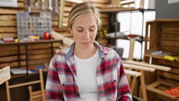 Blonde Carpenter Gal Sits Skeptical Looking Questioningly Carpentry Table Thoughtful — Stock Video