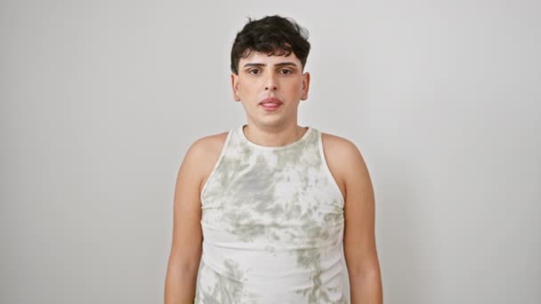 Verblüffter Junger Mann Ärmellosen Shirt Überraschter Gesichtsausdruck Vor Isoliertem Weißen — Stockvideo