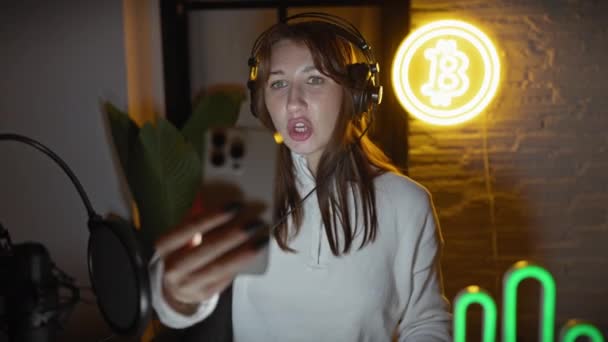 Mladá Žena Sluchátky Promlouvá Mikrofonu Studiu Neonovým Bitcoinem Éterickým Znamením — Stock video