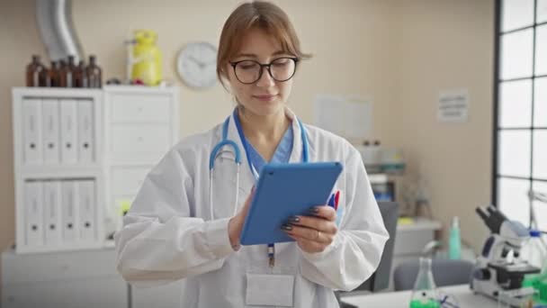 Młoda Lekarka Okularach Przeglądająca Dane Cyfrowe Tablecie Dobrze Wyposażonym Laboratorium — Wideo stockowe