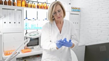 Beyaz önlüklü ve mavi eldivenli olgun bir kadın laboratuvar ekipmanlarını parlak ve modern bir laboratuarda inceliyor..