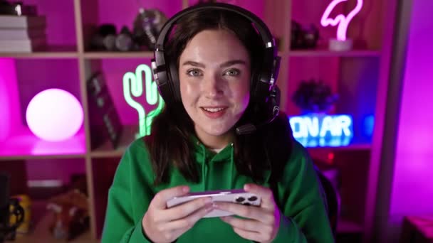Young Woman Enjoying Gaming Colorful Neon Lit Room Night Wearing — Stock Video