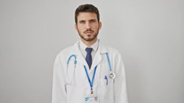 Steteskop takan genç İspanyol adam parmakları dudaklarında sessiz olmak istiyor. Sessizlik ve gizli konsept. izole edilmiş beyaz arkaplan