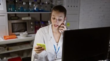 Laboratuvar önlüklü genç bir kadın araştırma laboratuarında telefon ve kredi kartıyla birden fazla iş yapıyor..