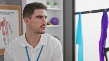 Tıbbi posterleri olan, beyaz polo ve iple gezen, kendine güven ve yakınlık gösteren, klinikte çalışan profesyonel bir İspanyol..