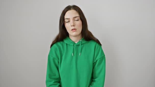 Sleepy Young Woman Sweatshirt Fatigued Hangover Lazy Eyes Stands Exhausted — Stock Video