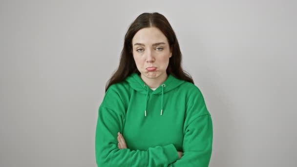 Smutna Przygnębiona Młoda Kobieta Stojąca Samotnie Ubrana Bluzę Wściekła Ekspresja — Wideo stockowe
