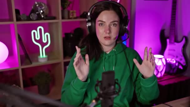 Young Woman Green Hoodie Streaming Microphone Headphones Neon Lit Gaming — Stock Video