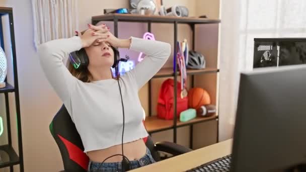Frustrovaná Žena Hráč Nosí Sluchátka Moderní Herně Zažívá Porážku Uvnitř — Stock video