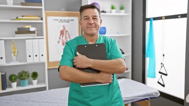 在现代康复诊所拿着剪贴板的绿色刷子自信的男医生 — 图库视频影像