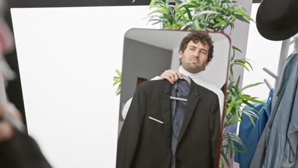 ハンサムな男は 大きな鏡で彼の外観を反映して 現代のドレッシングルームでスーツをしようとします — ストック動画
