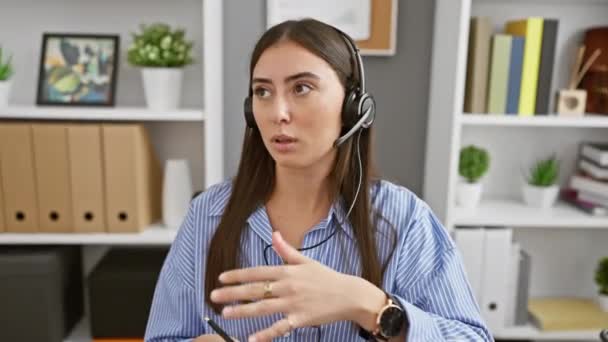 Mujer Hispana Con Auriculares Conversando Entorno Oficina Profesional — Vídeos de Stock