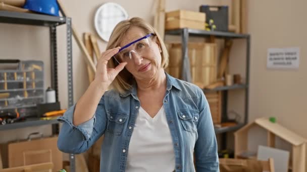 Mature Blonde Woman Wearing Glasses Carpentry Workshop Smiling Confidently Indoors — Stock Video