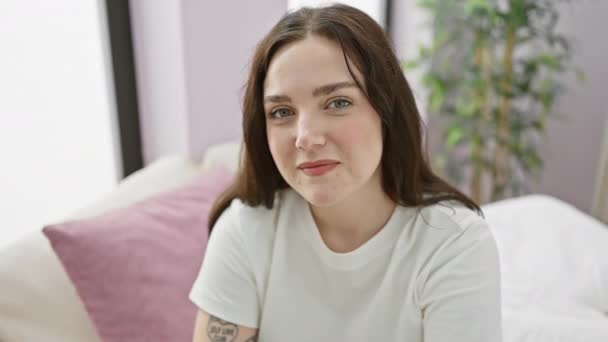 Pijamalı Neşeli Genç Bir Kadın Eğlenceli Seksi Bir Yatak Odası — Stok video