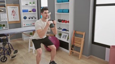 Genç bir adam modern bir rehabilitasyon kliniğinin spor salonunda kettlebell ile egzersiz yapıyor..