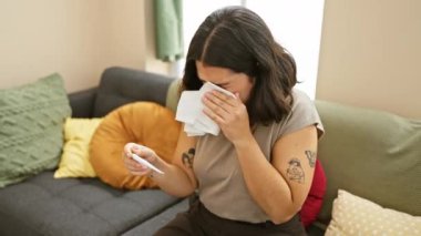 Genç İspanyol bir kadın kendini iyi hissetmiyor. Elinde termometre ve mendil var. Evdeki kanepede oturuyor..