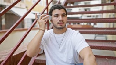 Genç, sakallı, şehir dışındaki merdivenlerde akıllı telefon kullanan, sıradan bir tarz sergileyen melez bir adam..