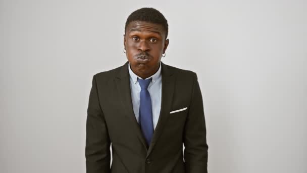 Verrückter Gesichtsausdruck Eines Gut Aussehenden Afrikanisch Amerikanischen Mannes Anzug Der — Stockvideo