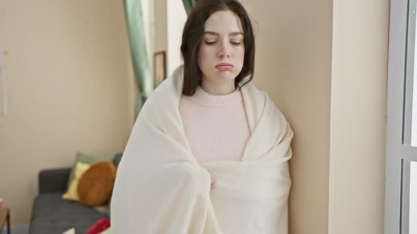 明るいリビングルームで寒くて不快に見える家で毛布に包まれた若い女性 — ストック動画