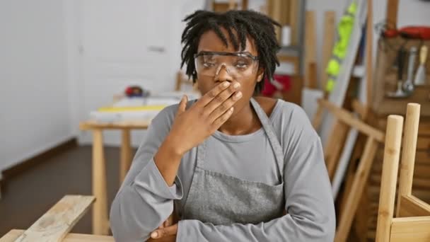 Shocked Expression Covers Face Young Black Woman Dreadlocks Working Carpentry — Stock Video