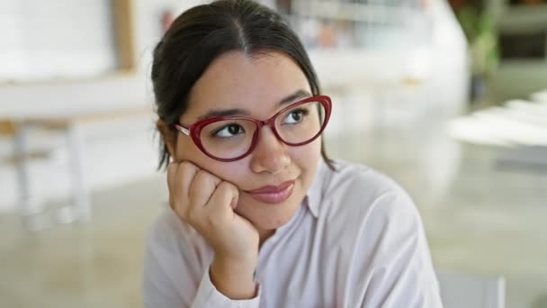 Sorrindo Jovem Hispânica Mulher Com Óculos Posando Ambiente Escritório Brilhante — Vídeo de Stock