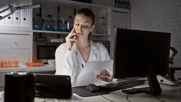 Focused Woman Scientist Analyzing Data While Talking Phone Modern Laboratory — Stock Video