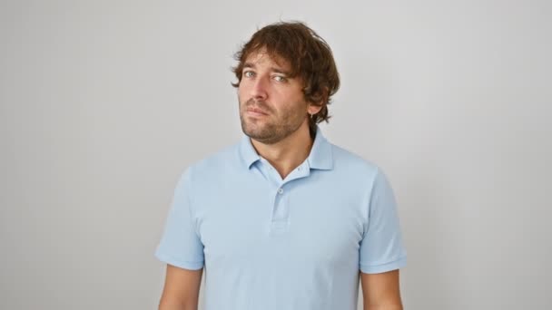 Young Caucasian Man Standing Frowning Drenched Doubt Nervous Guy Skeptic — Stock Video