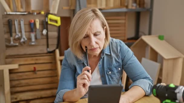 Przemyślana Kobieta Używająca Tabletu Warsztacie Stolarskim Otoczona Narzędziami Drewnianymi Meblami — Wideo stockowe