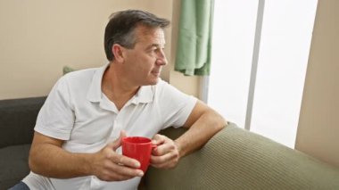 Beyaz gömlekli orta yaşlı bir adam, rahat bir oturma odasında kırmızı bardaktan zevk alıyor. Evde rahatlık ve rahatlık taslıyor..