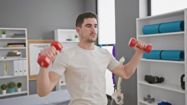 Genç İspanyol bir adam rehabilitasyon merkezinin iç kısmında dambıllarıyla egzersiz yapıyor ve sağlık odaklı bir yaşam tarzı gösteriyor..