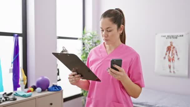 Alvorlig Kvinne Helsepersonell Gjennomgå Medisinsk Diagram Bruke Smarttelefon Klinikken – stockvideo