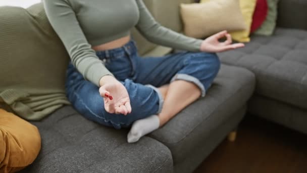 Eine Ruhige Frau Meditiert Auf Einem Sofa Einem Gemütlichen Wohnzimmer — Stockvideo