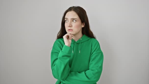 Worried Young Woman Sweatshirt Nervously Biting Lip Pondering Question Hand — Stock Video