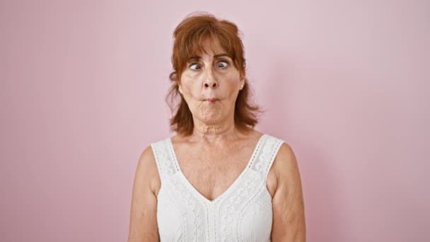 Crazy Fun Middle Age Woman Makes Comical Fish Face Gesture — Stock Video