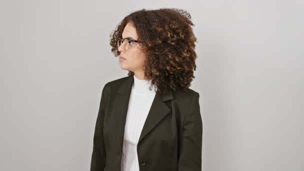 Hispanic Curly Hair Woman Standing Relaxed Serious Expression Face Simple — Stock Video