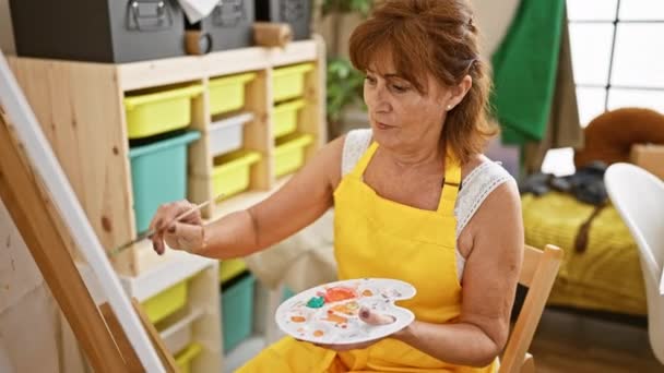 Зрелая Женщина Рисует Холсте Творческой Мастерской Жёлтом Фартуке — стоковое видео