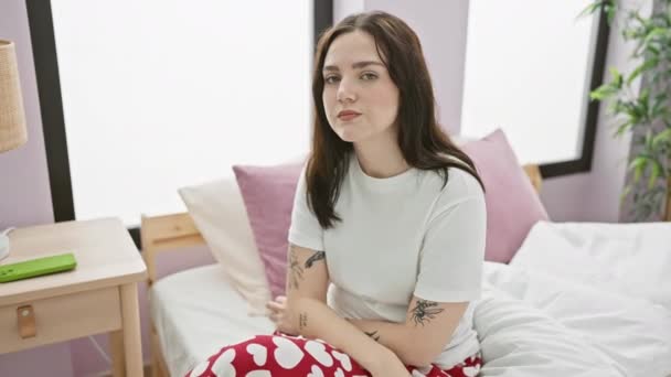 Irriteret Ung Kvinde Iført Pyjamas Sidder Sengen Hånd Hoved Minder – Stock-video