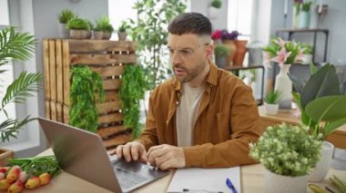 Sakallı, odaklanmış İspanyol bir adam bitkilerle dolu bir çiçekçide dizüstü bilgisayarla çalışıyor..