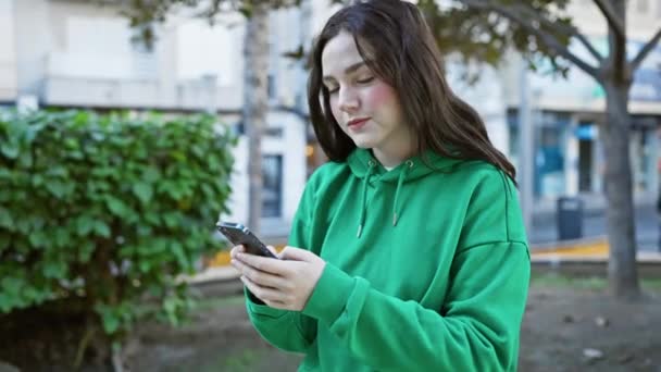 Uśmiechnięta Młoda Kobieta Zielonej Bluzie Używająca Smartfona Bujnym Parku Mieście — Wideo stockowe