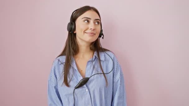 Smiling Thinking Young Beautiful Hispanic Woman Looking Away Donned Headset — Stock Video