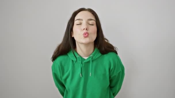 사랑스러운 자신감으로 스웨터 셔츠를 공중에 섹시하고 사랑스러운 키스를 보냅니다 배경에 — 비디오