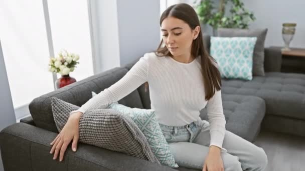Portrét Klidné Mladé Hispánské Ženy Relaxující Gauči Moderním Obývacím Pokoji — Stock video