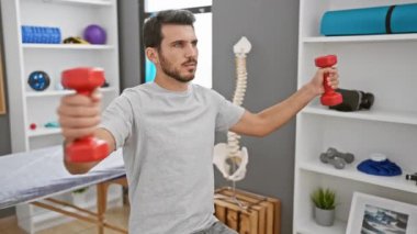 Genç bir İspanyol adam modern fizyoterapi kliniğinde dambıllarla egzersiz yapıyor. Güç ve sağlık yayıyor..