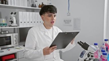 Genç bilim adamı, şaşkın ve korkmuş, laboratuvarda ağzı açık bir şekilde oturuyor. Gerçek bir inançsızlık, şaşırtıcı, komik bir şok.!