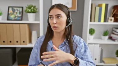 Profesyonel ofis ortamında konuşan kulaklıklı İspanyol kadın.