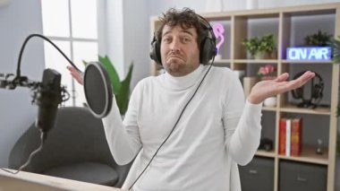 Heyecanlı, kulaklıklı genç İspanyol adam Eureka anını işaret ediyor. Radyo stüdyosunda bir numaralı başarıyı simgeliyor.