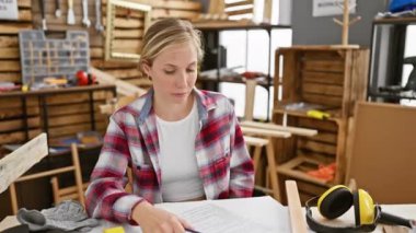 Öfkeli genç sarışın marangoz kadın, öfkeli ve stresli, atölye masasında oturmuş, agresif çığlıklar ve bağırışlarla yetişkin hayal kırıklıklarını dışa vuruyor..