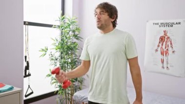Genç Kafkasyalı bir adam kliniğin rehabilitasyon odasında dambıllarla egzersiz yapıyor.